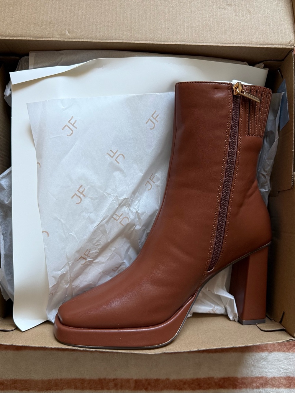 Brown Leather Square-Toe Block Heel Ankle Boots